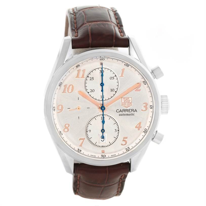 The image shows a front view of a Tag Heuer Carrera CAR221A.FC6353 Men
s Stainless Steel Silver Dial CAR221A.FC6353 Men
s Stainless Steel Silver Dial watch with a brown leather strap and a silver dial with two sub-dials.