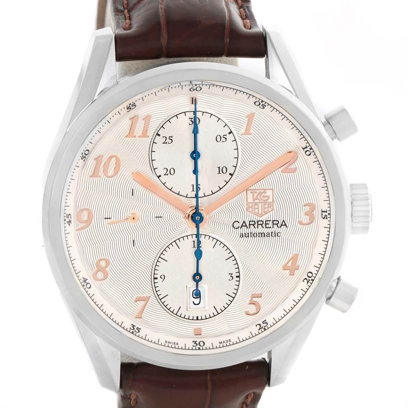 This image shows the front view of a Tag Heuer Carrera CAR221A.FC6353 Men
s Stainless Steel Silver Dial CAR221A.FC6353 Men
s Stainless Steel Silver Dial watch with a brown leather strap and silver dial.