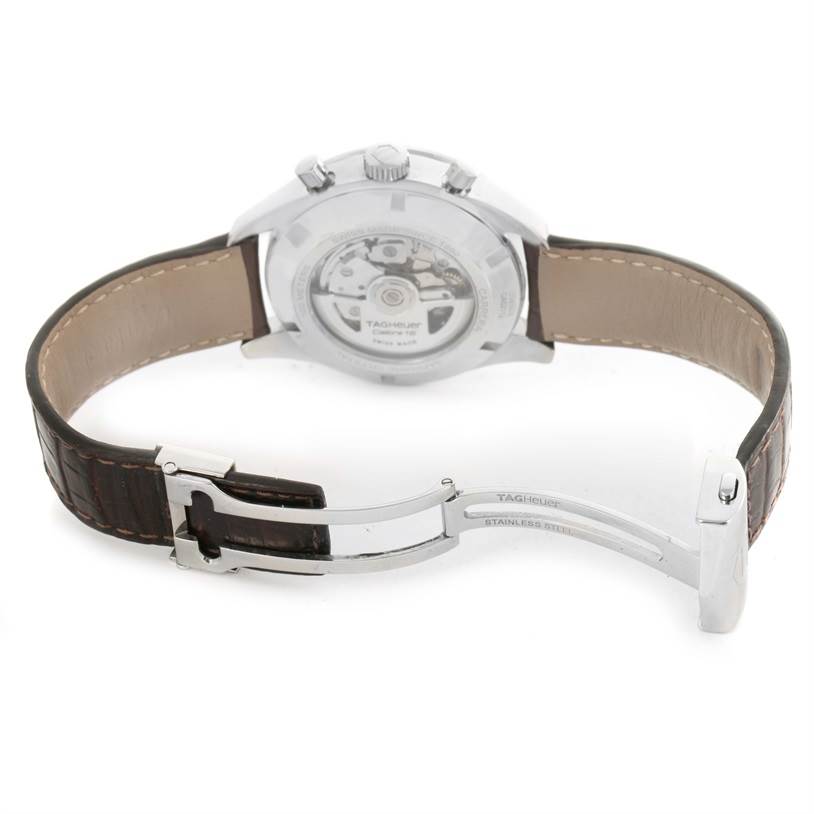 The image shows the back case and partially open leather strap of a Tag Heuer Carrera CAR221A.FC6353 Men
s Stainless Steel Silver Dial CAR221A.FC6353 Men
s Stainless Steel Silver Dial watch, revealing the automatic movement.