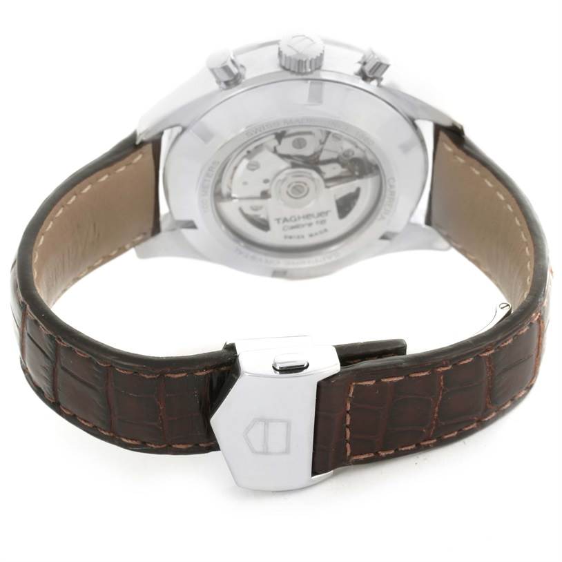 The image shows the back view of a Tag Heuer Carrera CAR221A.FC6353 Men
s Stainless Steel Silver Dial CAR221A.FC6353 Men
s Stainless Steel Silver Dial watch, highlighting the leather strap and the transparent case back.