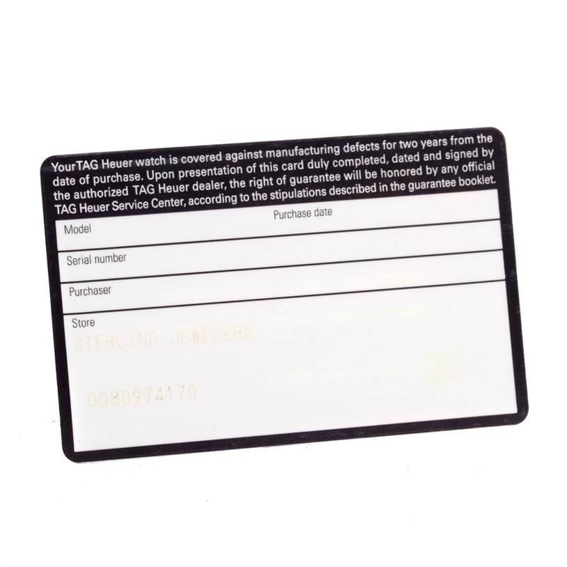 This image shows a warranty card for a Tag Heuer Carrera CAR221A.FC6353 Men
s Stainless Steel Silver Dial CAR221A.FC6353 Men
s Stainless Steel Silver Dial watch, displaying sections for model, serial number, purchaser, and store.