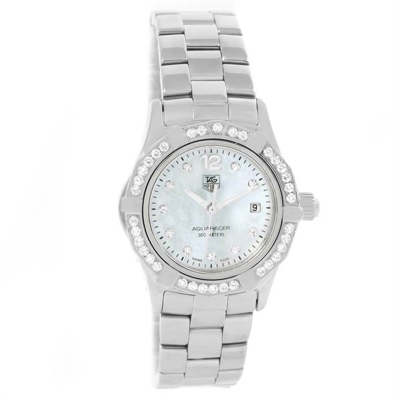 The image shows a Tag Heuer Aquaracer WAF1416.BA0824 Women's Stainless Steel Mother of Pearl Dial WAF1416.BA0824 Women's Stainless Steel Mother of Pearl Dial watch from a top-down angle, displaying its bezel with diamonds, dial, and bracelet.