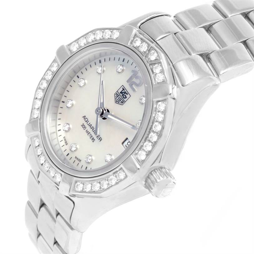 The image shows a Tag Heuer Aquaracer WAF1416.BA0824 Women's Stainless Steel Mother of Pearl Dial WAF1416.BA0824 Women's Stainless Steel Mother of Pearl Dial watch at a three-quarter angle, highlighting its bezel, dial, crown, and bracelet.