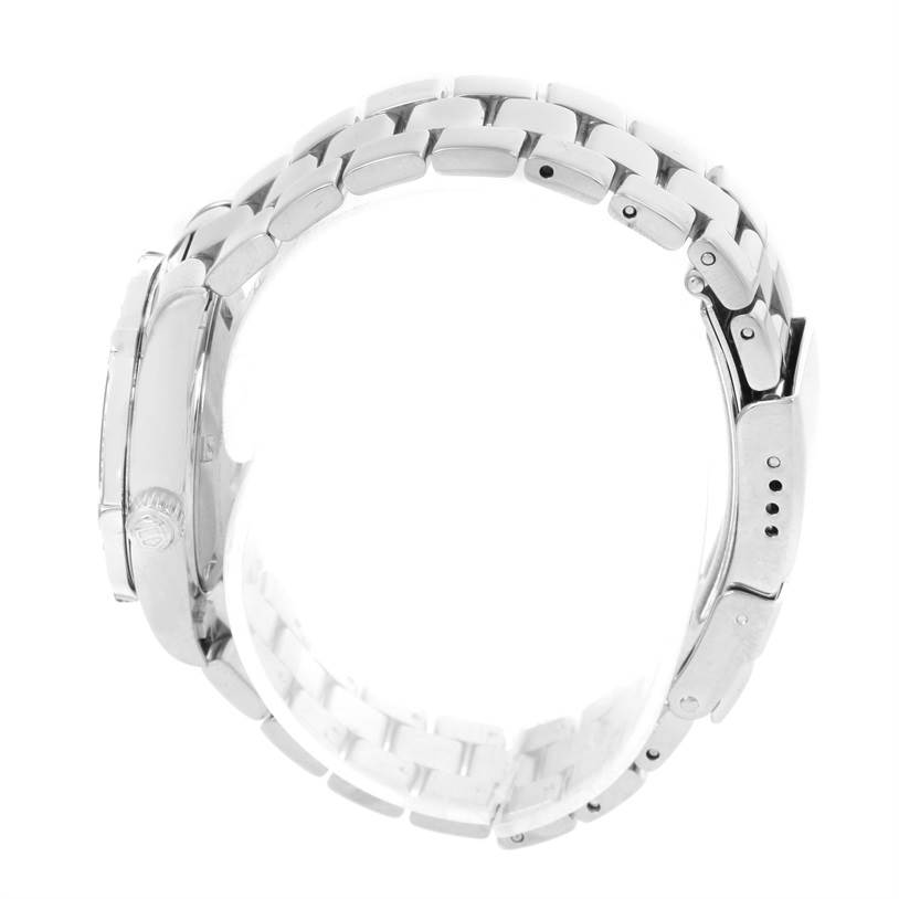 This image shows the side view of a Tag Heuer Aquaracer WAF1416.BA0824 Women's Stainless Steel Mother of Pearl Dial WAF1416.BA0824 Women's Stainless Steel Mother of Pearl Dial watch, focusing on its metal bracelet and clasp.