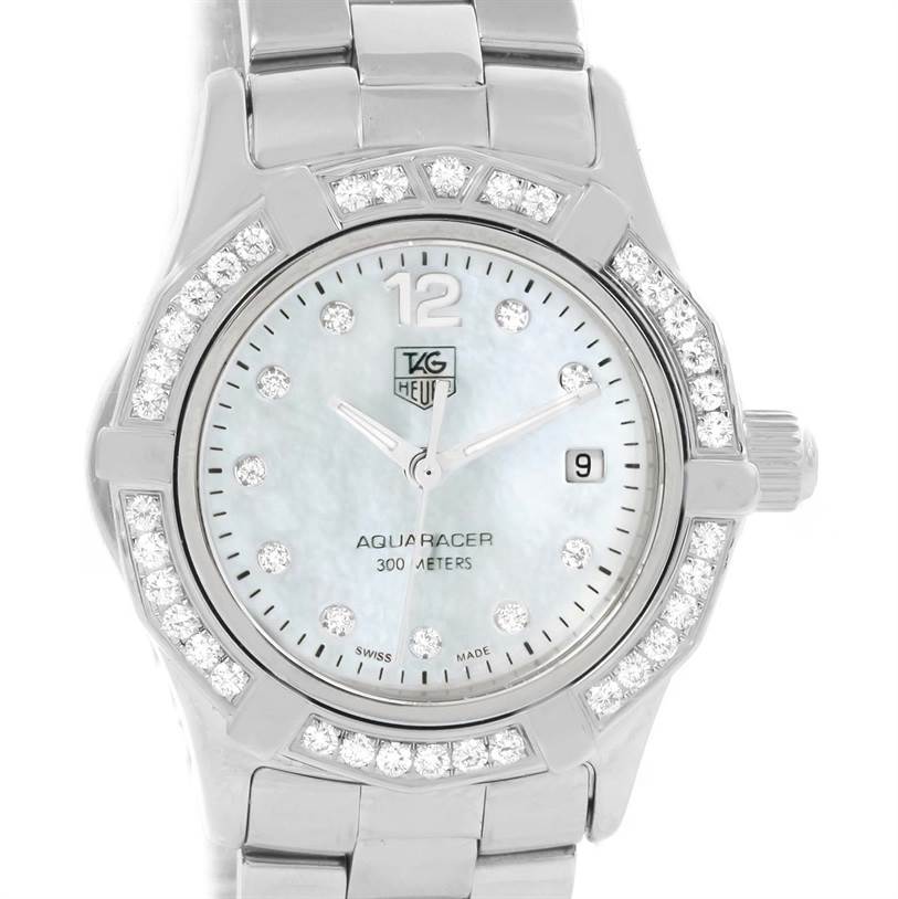 The image shows a Tag Heuer Aquaracer WAF1416.BA0824 Women's Stainless Steel Mother of Pearl Dial WAF1416.BA0824 Women's Stainless Steel Mother of Pearl Dial watch from a front angle, highlighting its diamond-studded bezel and bracelet.