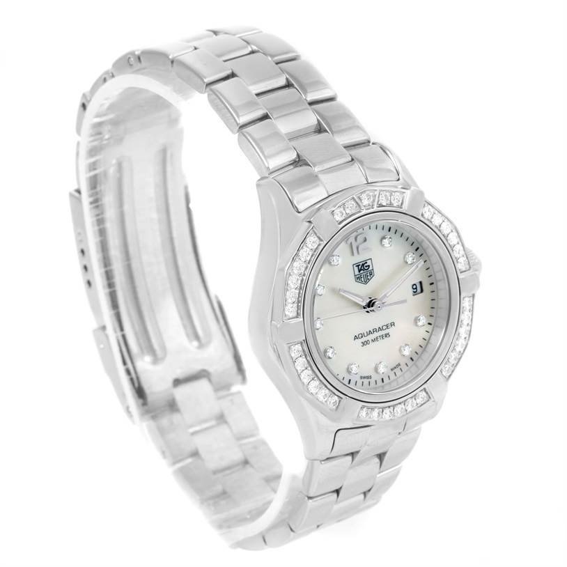 The image shows a side view of a Tag Heuer Aquaracer WAF1416.BA0824 Women's Stainless Steel Mother of Pearl Dial WAF1416.BA0824 Women's Stainless Steel Mother of Pearl Dial watch, displaying its face, dial, bezel, and bracelet.