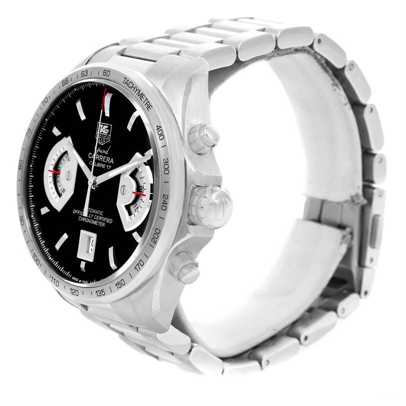 The image shows a Tag Heuer Carrera CAV511A Men
s Stainless Steel Black Dial CAV511A Men
s Stainless Steel Black Dial watch at a side angle, displaying the face, bezel, pushers, and metal bracelet.