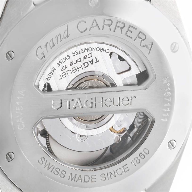 The image shows the back view of a Tag Heuer Carrera CAV511A Men
s Stainless Steel Black Dial CAV511A Men
s Stainless Steel Black Dial watch, revealing the inner movement and engraving details.