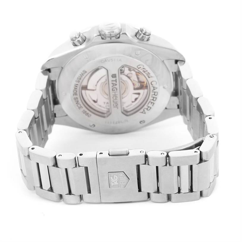 The image shows the back of a Tag Heuer Carrera CAV511A Men
s Stainless Steel Black Dial CAV511A Men
s Stainless Steel Black Dial watch, highlighting its clasp and transparent case back.