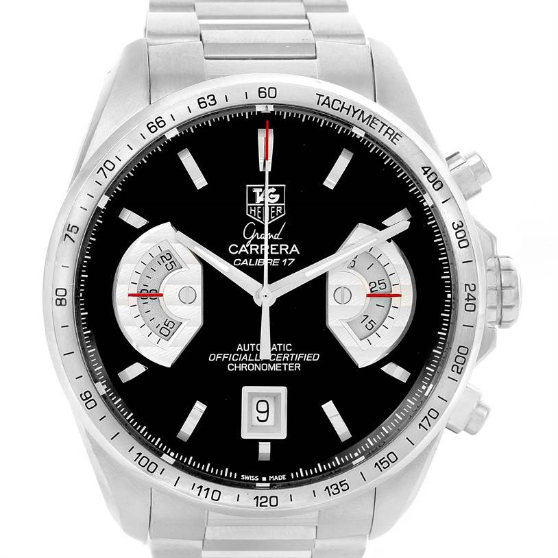 The image shows a front view of the Tag Heuer Carrera CAV511A Men
s Stainless Steel Black Dial CAV511A Men
s Stainless Steel Black Dial watch, highlighting its dial, sub-dials, and tachymeter bezel.