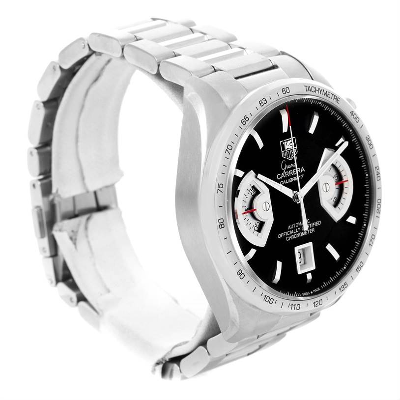 The image shows a Tag Heuer Carrera CAV511A Men
s Stainless Steel Black Dial CAV511A Men
s Stainless Steel Black Dial watch from an angled side view, highlighting the face, bezel, and metal bracelet.