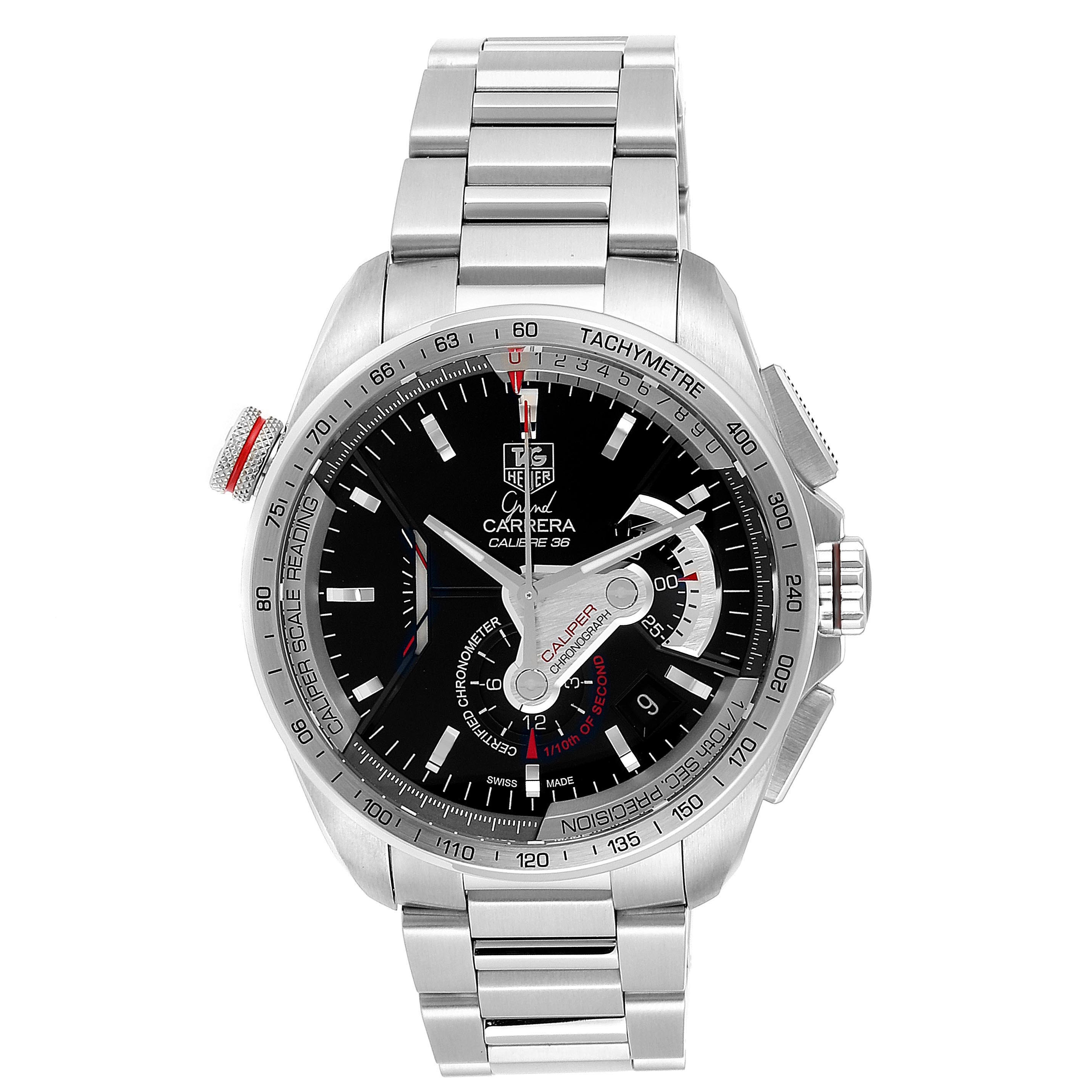 This Tag Heuer Carrera CAV5115 Men's Stainless Steel Black Dial CAV5115 Men's Stainless Steel Black Dial watch is shown from a straight-on angle displaying its face, bezel, and part of the metal bracelet.