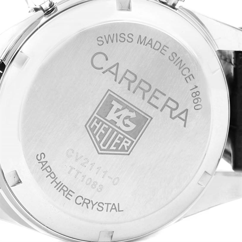 This image shows the back of a Tag Heuer Carrera CV2111.FC6182 Men's Stainless Steel Black Dial CV2111.FC6182 Men's Stainless Steel Black Dial Classic watch, highlighting the brand engraving and model details.