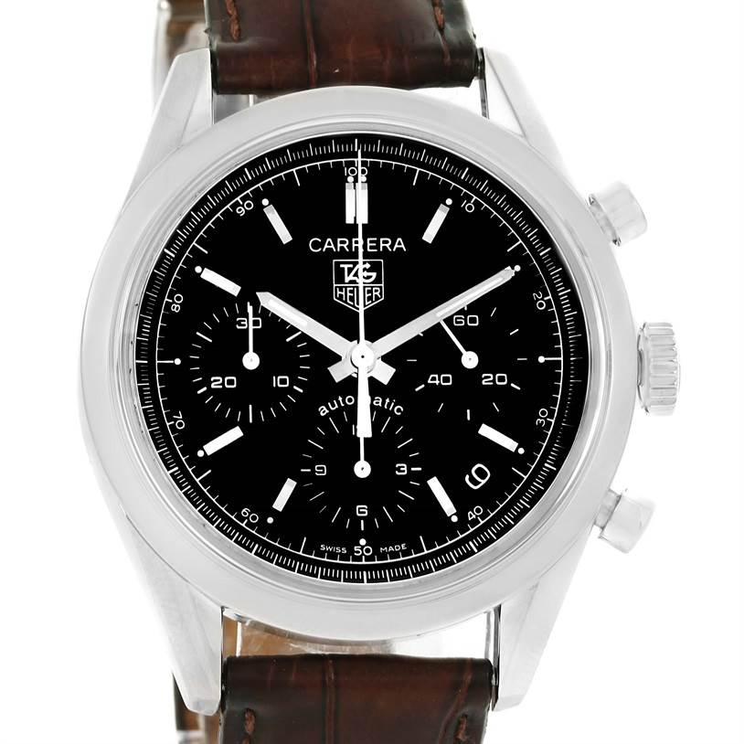The image shows a front view of the Tag Heuer Carrera CV2111.FC6182 Men's Stainless Steel Black Dial CV2111.FC6182 Men's Stainless Steel Black Dial Classic model watch with a black dial and brown leather strap.