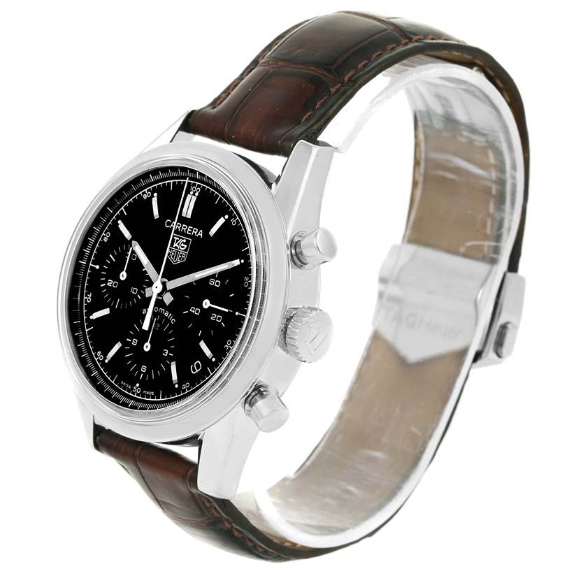 The Tag Heuer Classic model watch is shown from the top-right angle, highlighting the dial, crown, pushers, and leather strap.