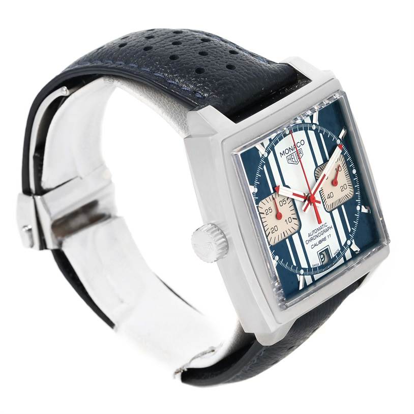 The image shows a side angle of the Tag Heuer Monaco Limited Edition watch, featuring its square dial, crown, and perforated strap.
