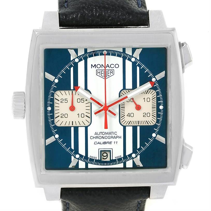 This image shows the face of a Tag Heuer Monaco Limited Edition watch from a front angle, highlighting its chronograph features.