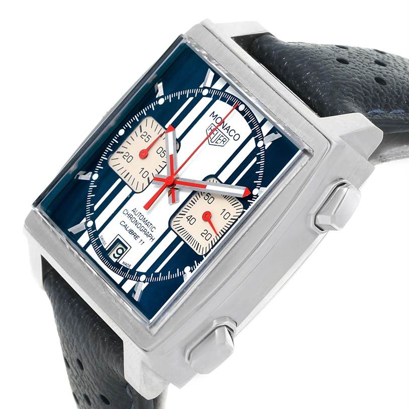 The image shows a close-up side angle of the Tag Heuer Monaco Limited Edition watch, highlighting its dial and strap.