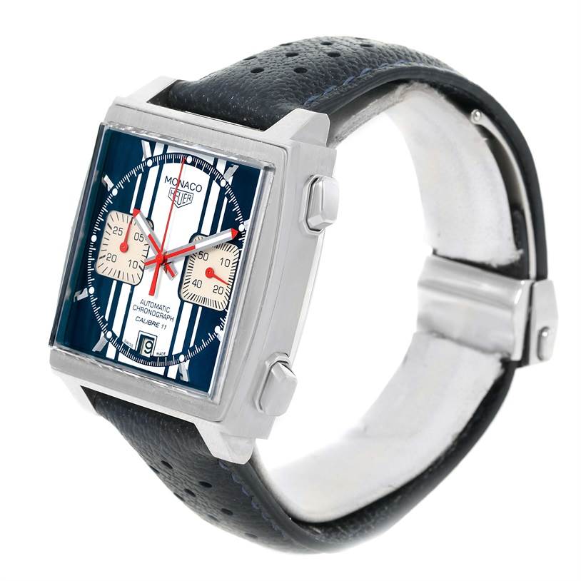 The image shows an angled side view of the Tag Heuer Monaco Limited Edition watch, highlighting its square face and black perforated strap.