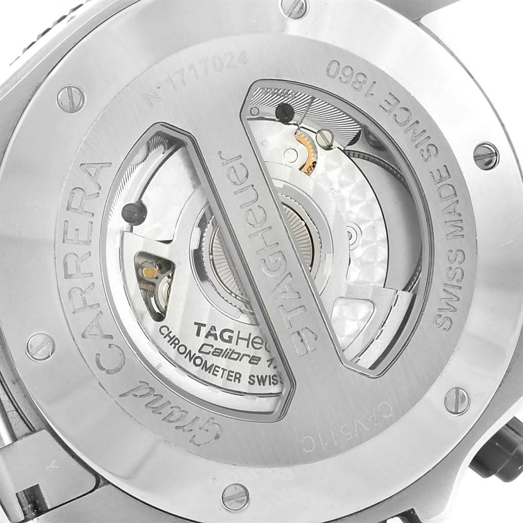 This image shows the back of the Tag Heuer Carrera CAV511C Men's Titanium Black Dial CAV511C Men's Titanium Black Dial watch, revealing its internal mechanics and engravings.