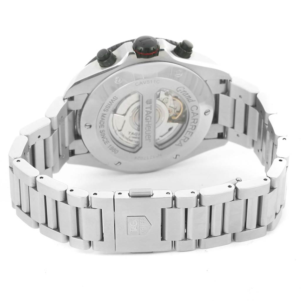 The image shows the back case and stainless steel bracelet of the Tag Heuer Carrera CAV511C Men's Titanium Black Dial CAV511C Men's Titanium Black Dial watch.