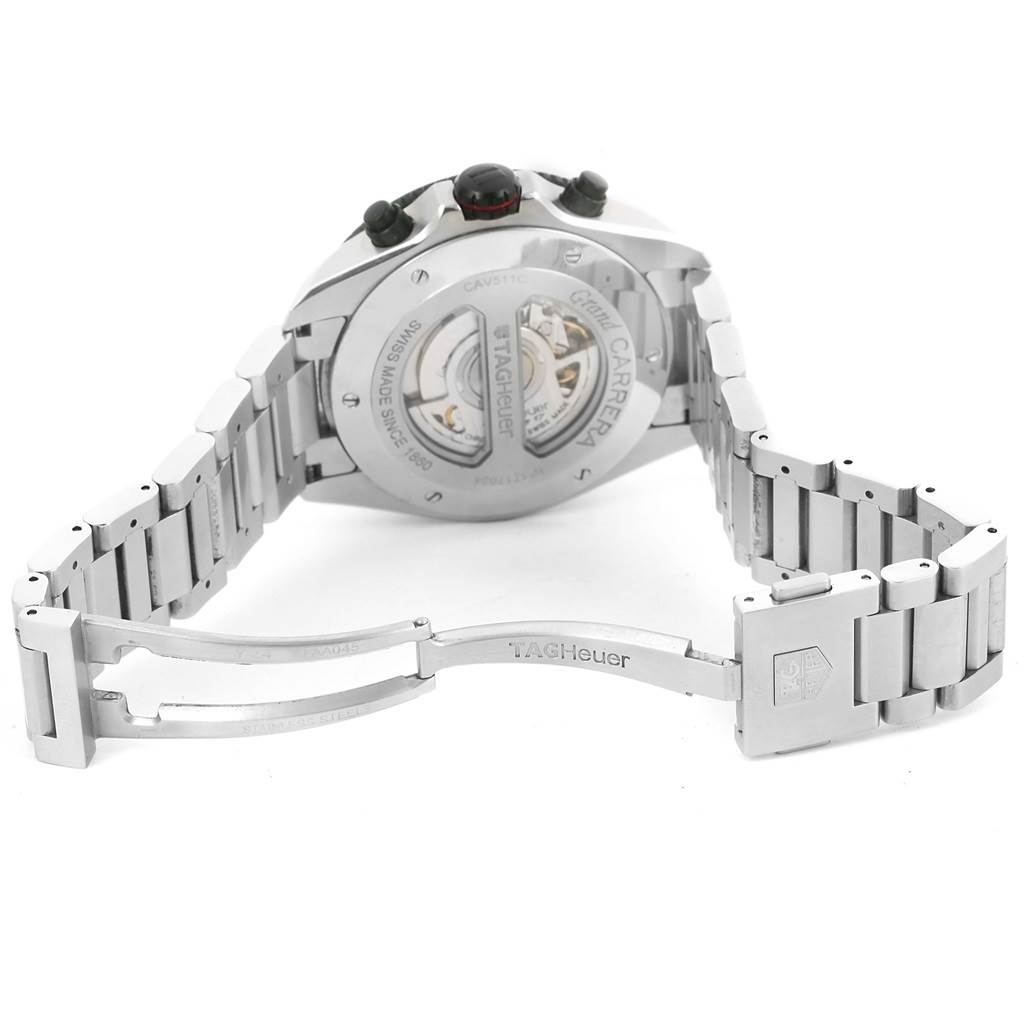 This image shows the back and open clasp of a Tag Heuer Carrera CAV511C Men's Titanium Black Dial CAV511C Men's Titanium Black Dial watch, featuring its stainless steel bracelet and visible automatic movement.