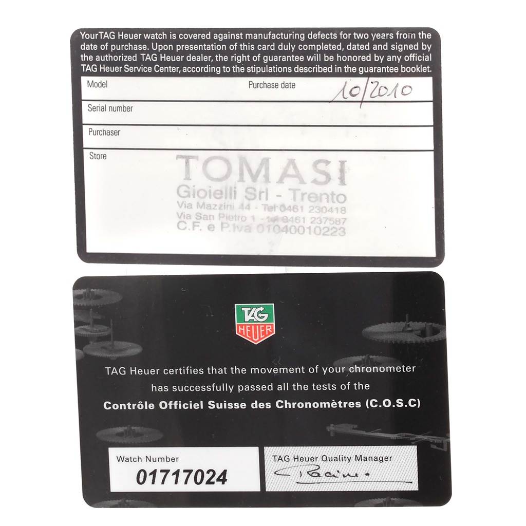 The image shows guarantee and certification cards for the Tag Heuer Carrera CAV511C Men's Titanium Black Dial CAV511C Men's Titanium Black Dial model watch.