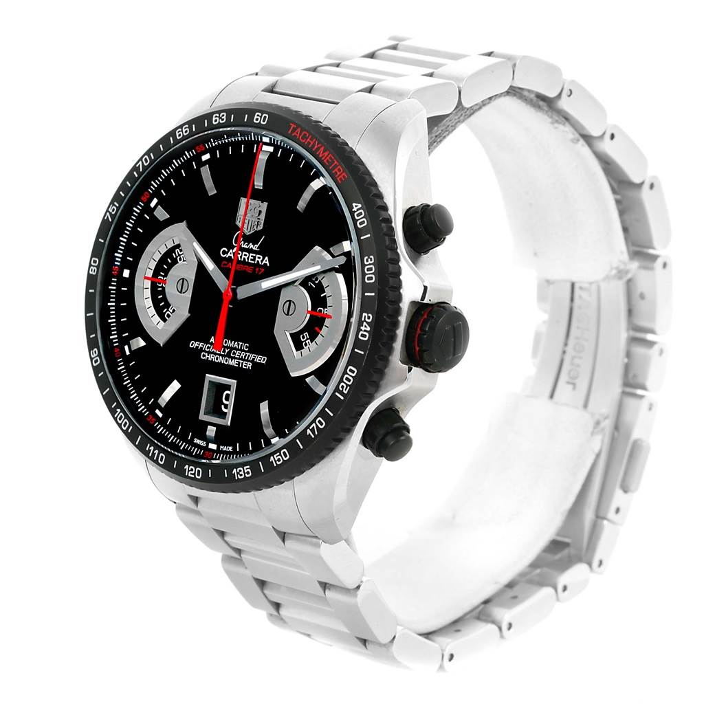 The image shows a Tag Heuer Carrera CAV511C Men's Titanium Black Dial CAV511C Men's Titanium Black Dial watch angled to display the face, side buttons, and metal bracelet band.