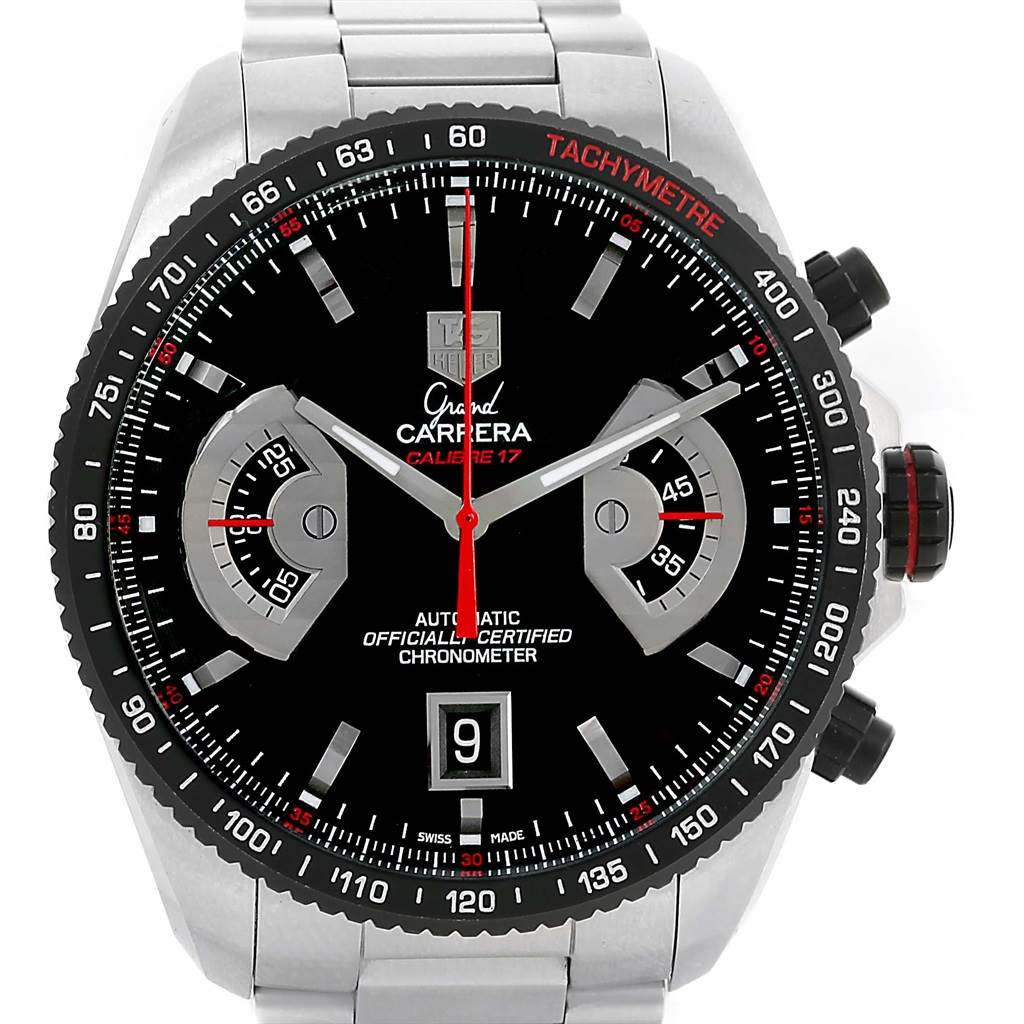 The image shows a front view of the Tag Heuer Carrera CAV511C Men's Titanium Black Dial CAV511C Men's Titanium Black Dial model watch, highlighting its dial, tachymeter bezel, subdials, and date window.