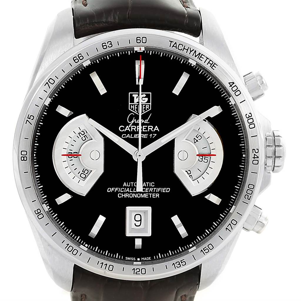 The image shows a Tag Heuer Carrera CAV511A.FC6225 Men's Stainless Steel Black Dial CAV511A.FC6225 Men's Stainless Steel Black Dial watch face directly from the front, highlighting the dial, sub-dials, bezel, and crown.