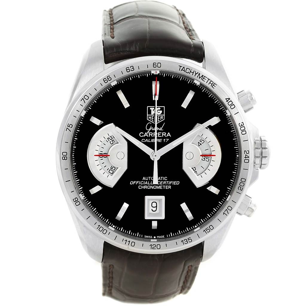 The image shows a front view of the Tag Heuer Carrera CAV511A.FC6225 Men's Stainless Steel Black Dial CAV511A.FC6225 Men's Stainless Steel Black Dial model watch, showcasing its dial, bezel, chronograph sub-dials, and leather strap.