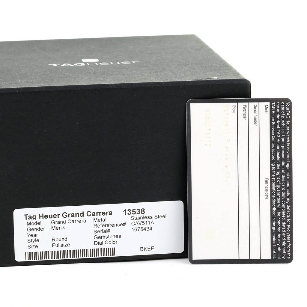 The image shows a Tag Heuer Carrera CAV511A.FC6225 Men's Stainless Steel Black Dial CAV511A.FC6225 Men's Stainless Steel Black Dial watch box and a warranty card with model and serial details visible.