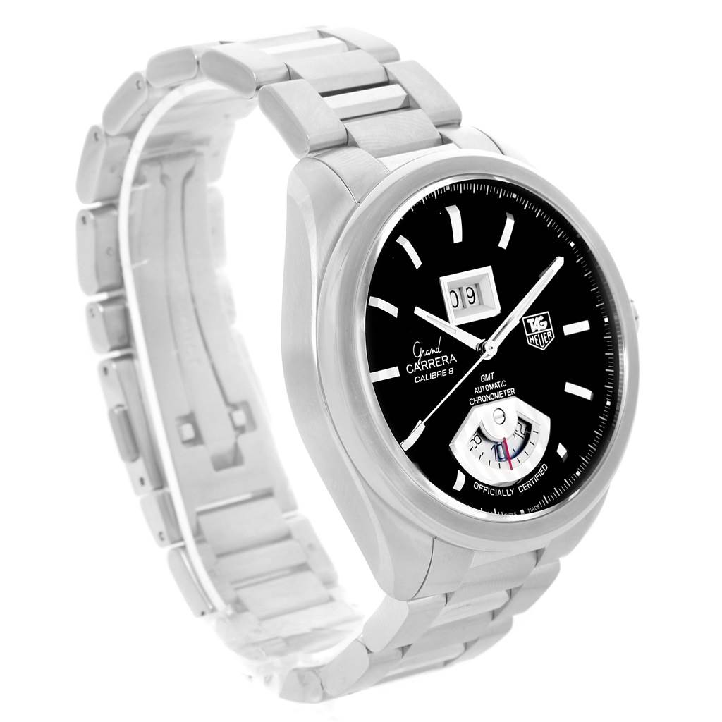 The image shows a Tag Heuer Carrera WAV5111 Men's Stainless Steel Black Dial WAV5111 Men's Stainless Steel Black Dial model watch at an angle revealing the face, band, and side of the case.