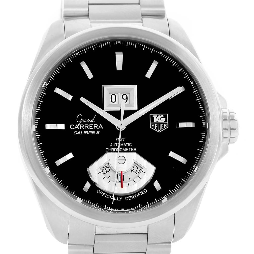 This image shows a front view of the Tag Heuer Carrera WAV5111 Men's Stainless Steel Black Dial WAV5111 Men's Stainless Steel Black Dial Grand Calibre 8 watch, highlighting the black dial and metal bracelet.