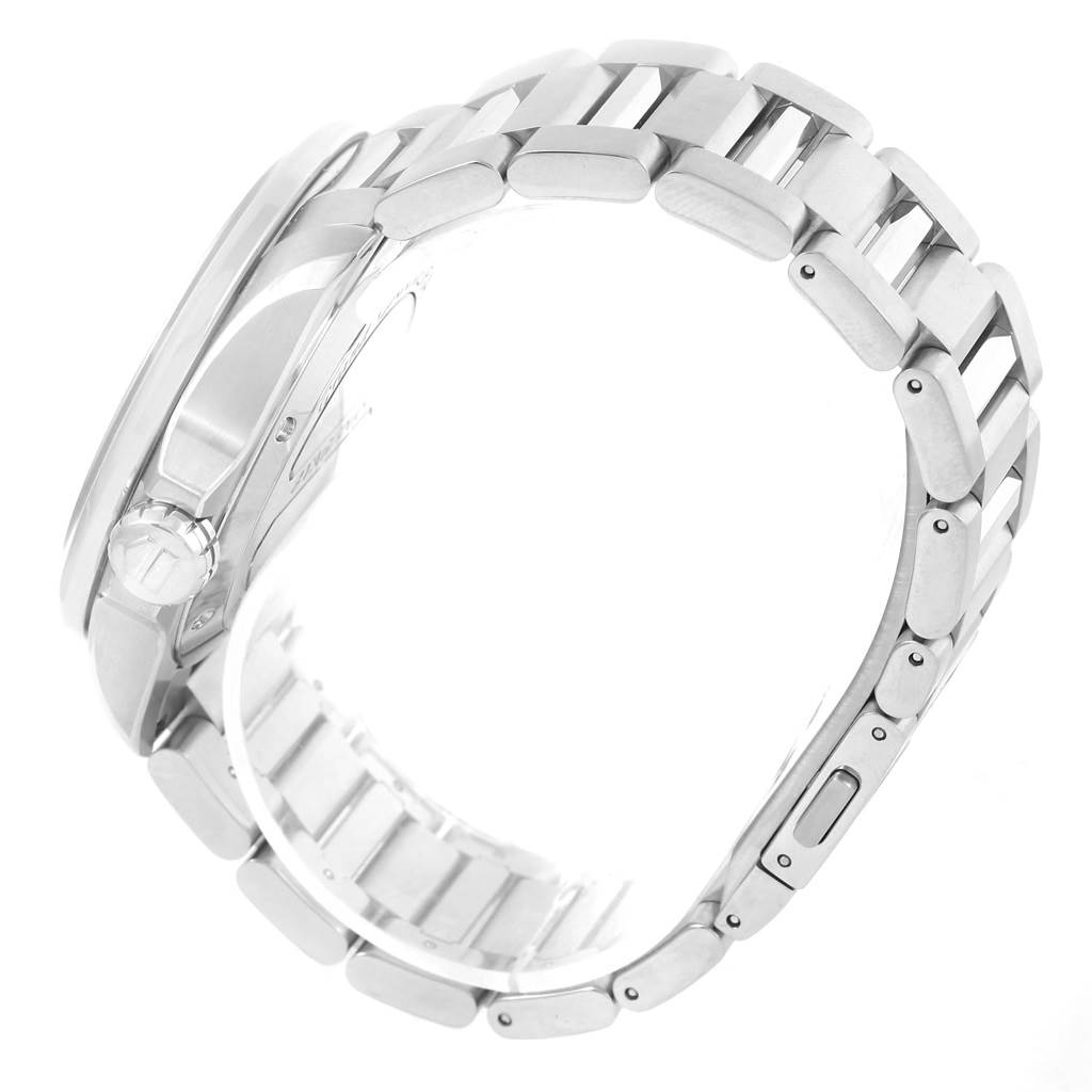 This image shows a side view of the Tag Heuer Carrera WAV5111 Men's Stainless Steel Black Dial WAV5111 Men's Stainless Steel Black Dial wristwatch, highlighting the crown, case, and metal bracelet.