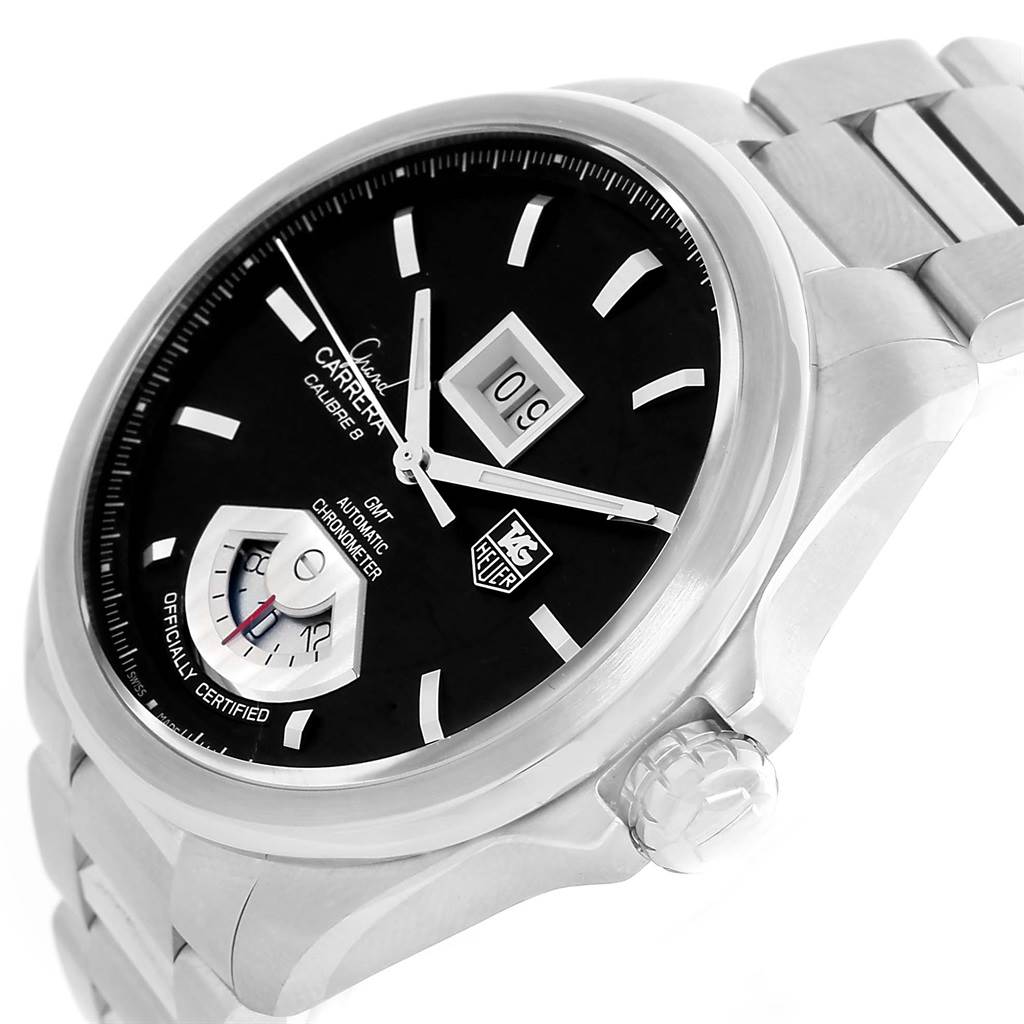 The image shows a close-up high-angle view of a Tag Heuer Carrera WAV5111 Men's Stainless Steel Black Dial WAV5111 Men's Stainless Steel Black Dial watch, focusing on the dial, bezel, and part of the bracelet.