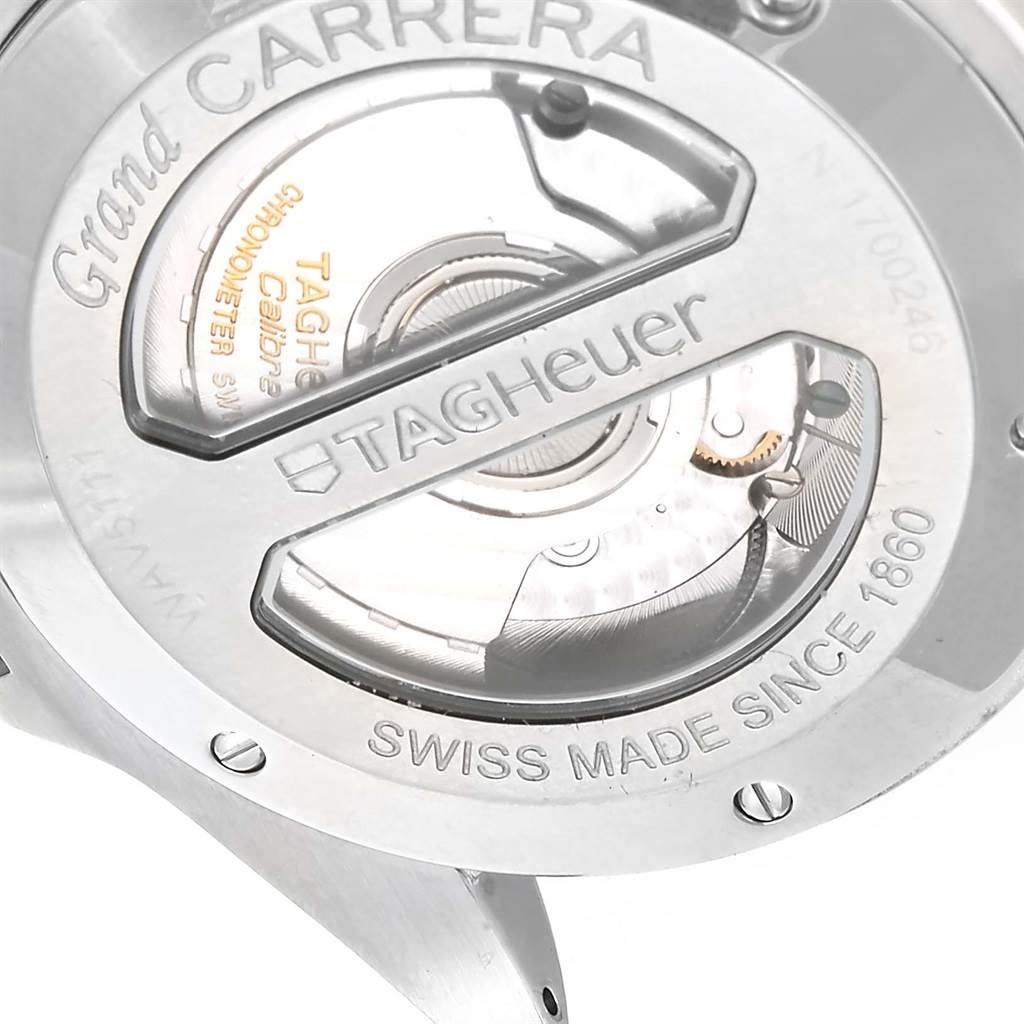 This image shows the backside of a Tag Heuer Carrera WAV5111 Men's Stainless Steel Black Dial WAV5111 Men's Stainless Steel Black Dial watch, highlighting its movement and engravings.