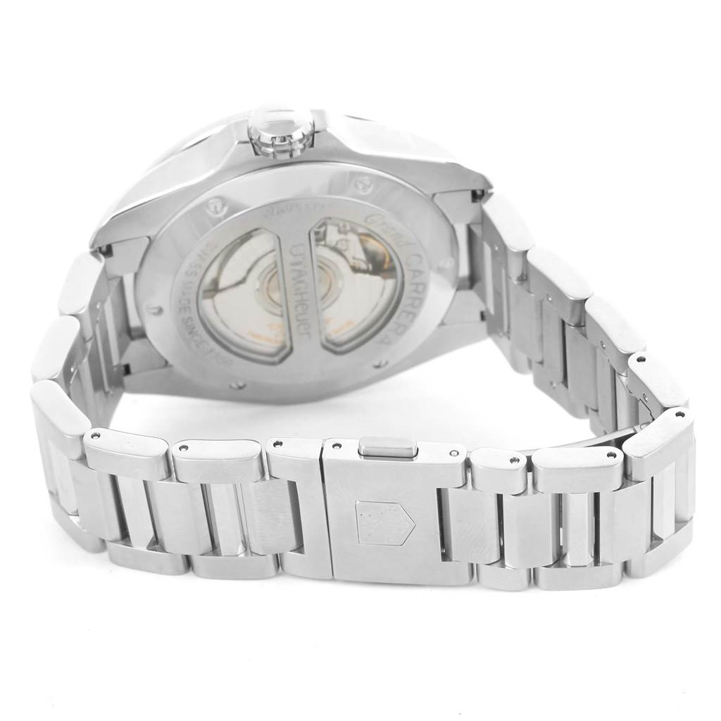 The image shows the back and bracelet of a Tag Heuer Carrera WAV5111 Men's Stainless Steel Black Dial WAV5111 Men's Stainless Steel Black Dial watch, highlighting the case back and clasp.