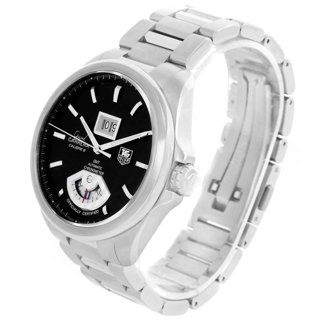 The image shows a Tag Heuer Carrera WAV5111 Men's Stainless Steel Black Dial WAV5111 Men's Stainless Steel Black Dial watch at a 3/4 angle, highlighting the face, bezel, crown, and bracelet.