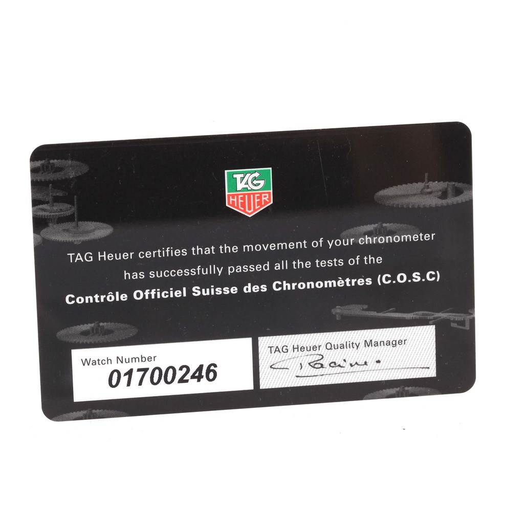 This image shows a certification card for a Tag Heuer Carrera WAV5111 Men's Stainless Steel Black Dial WAV5111 Men's Stainless Steel Black Dial watch, displaying the watch number and quality manager's signature.