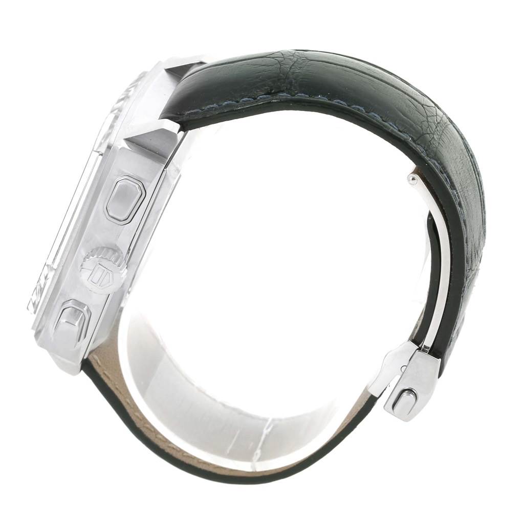 The image shows a side view of the Tag Heuer Monaco CAW2111 Men's Stainless Steel Blue Dial CAW2111 Men's Stainless Steel Blue Dial watch, highlighting the case and strap.