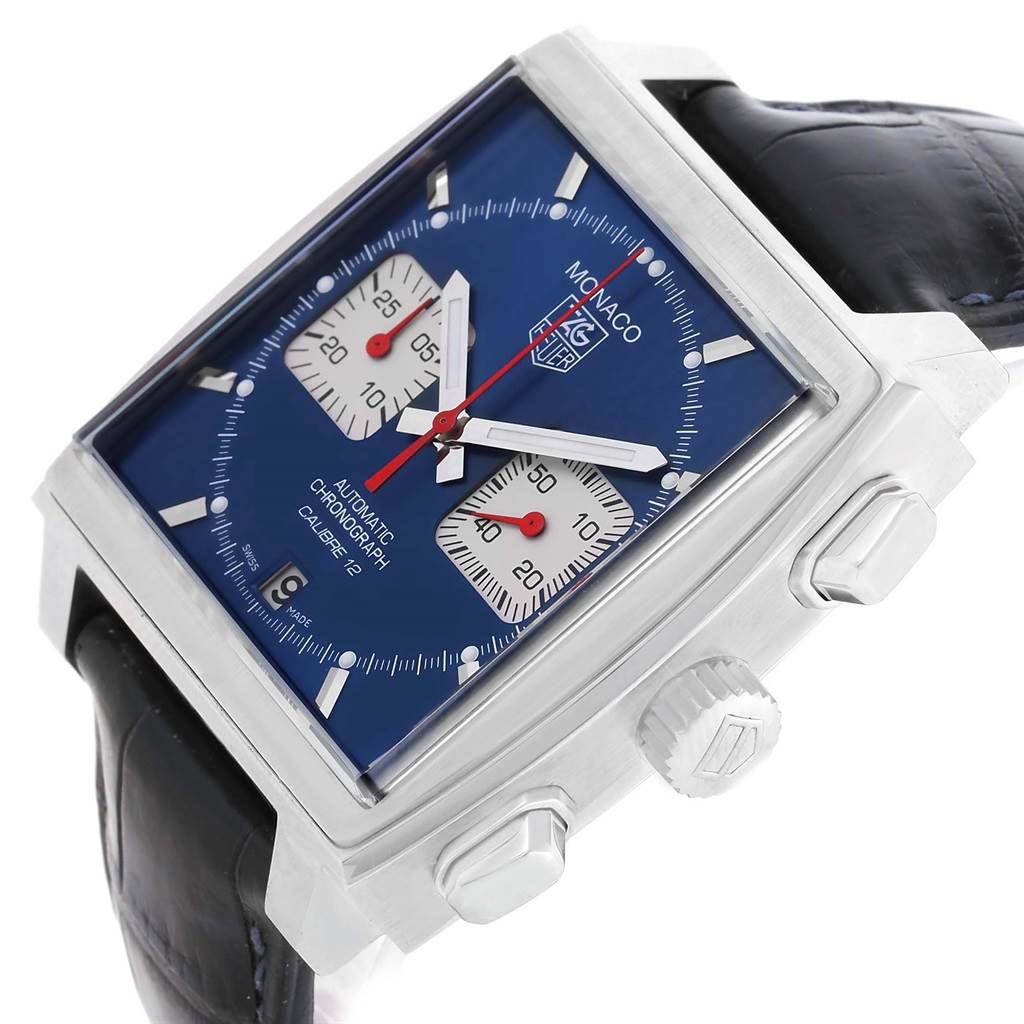 The Tag Heuer Monaco CAW2111 Men's Stainless Steel Blue Dial CAW2111 Men's Stainless Steel Blue Dial watch is shown at an angle highlighting its blue dial, crown, and chronograph pushers.