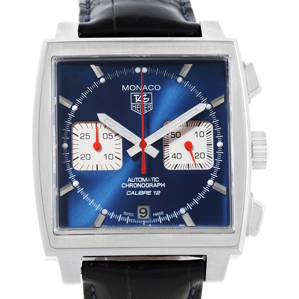 This image shows a frontal view of the Tag Heuer Monaco CAW2111 Men's Stainless Steel Blue Dial CAW2111 Men's Stainless Steel Blue Dial watch, highlighting its square blue dial and black leather strap.