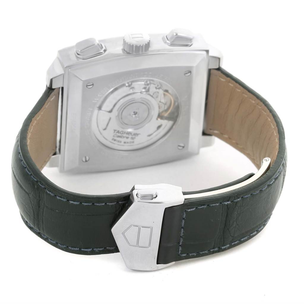 The image shows the back view of a Tag Heuer Monaco CAW2111 Men's Stainless Steel Blue Dial CAW2111 Men's Stainless Steel Blue Dial watch, focusing on the case back and clasp of the strap.