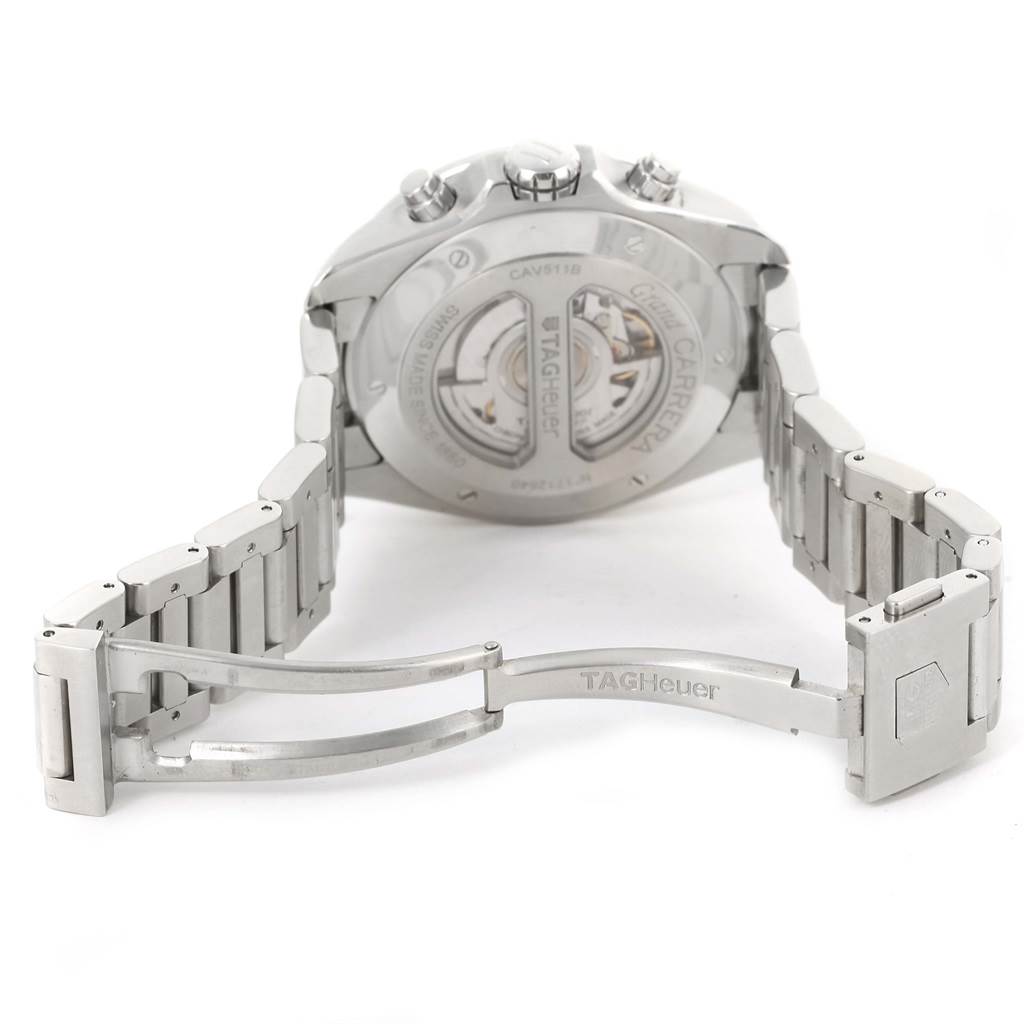 The image shows the back view of the Tag Heuer Carrera CAV511B Men's Stainless Steel Silver Dial CAV511B Men's Stainless Steel Silver Dial watch, highlighting the case back and bracelet with the deployment clasp.