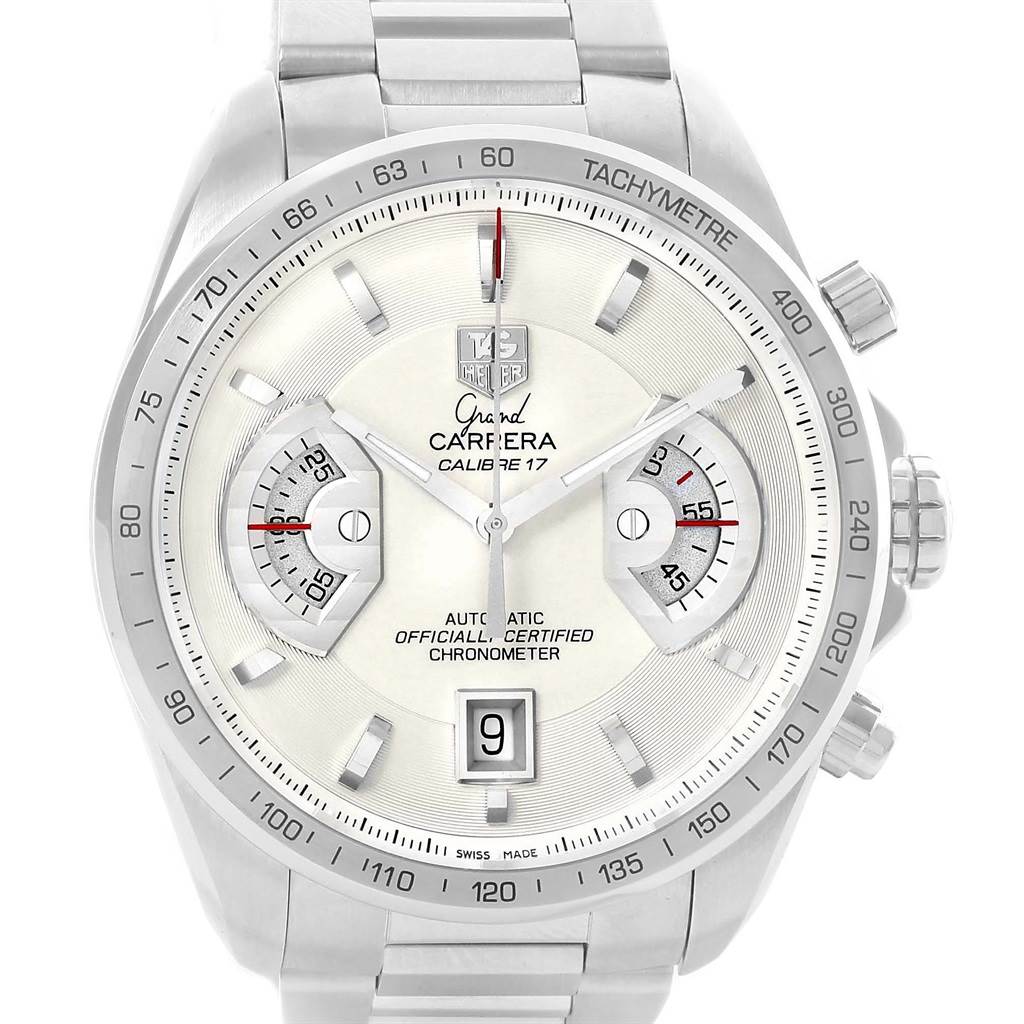 The Tag Heuer Carrera CAV511B Men's Stainless Steel Silver Dial CAV511B Men's Stainless Steel Silver Dial watch is shown from a front angle, displaying the face, dials, tachymeter scale, and part of the bracelet.
