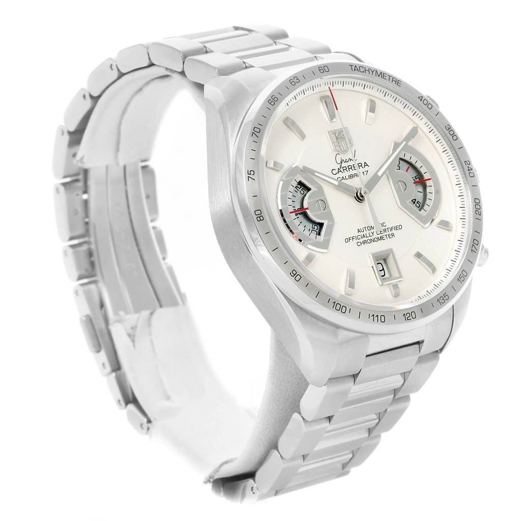 This image shows a side angle of the Tag Heuer Carrera CAV511B Men's Stainless Steel Silver Dial CAV511B Men's Stainless Steel Silver Dial watch, highlighting the bracelet, case, and dial.