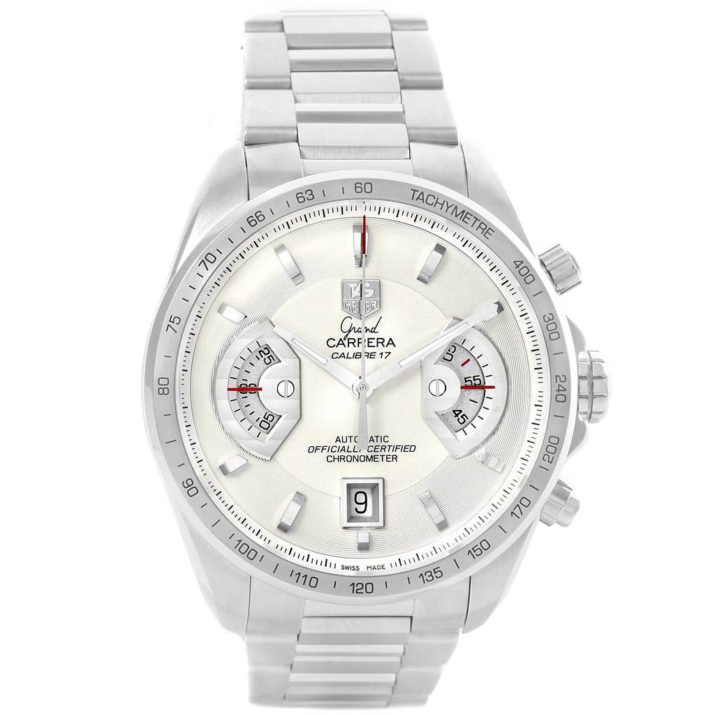 The image shows a front view of a Tag Heuer Carrera CAV511B Men's Stainless Steel Silver Dial CAV511B Men's Stainless Steel Silver Dial watch, displaying its face, bezel, and stainless steel band.