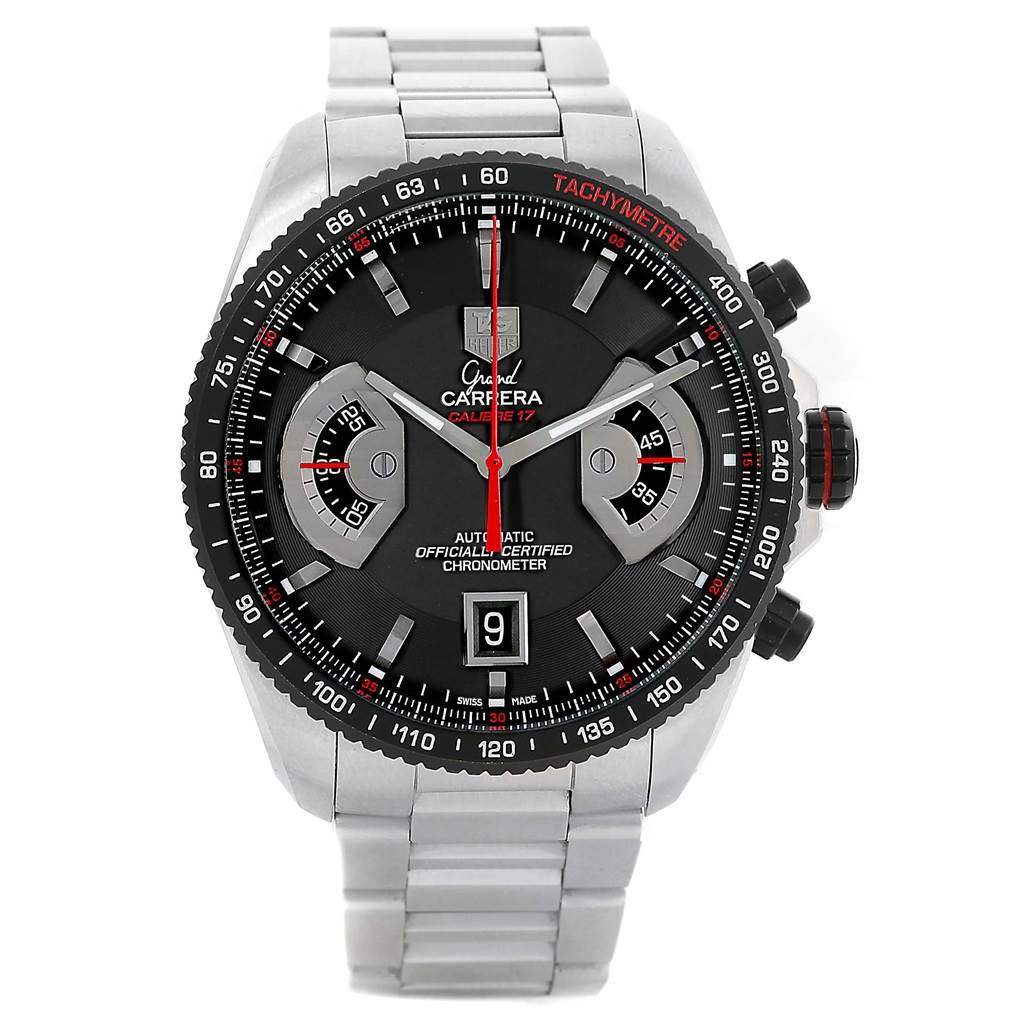 The image shows a frontal view of the Tag Heuer Carrera CAV511C Men's Titanium Black Dial CAV511C Men's Titanium Black Dial watch, focusing on its dial, bezel, and stainless steel bracelet.