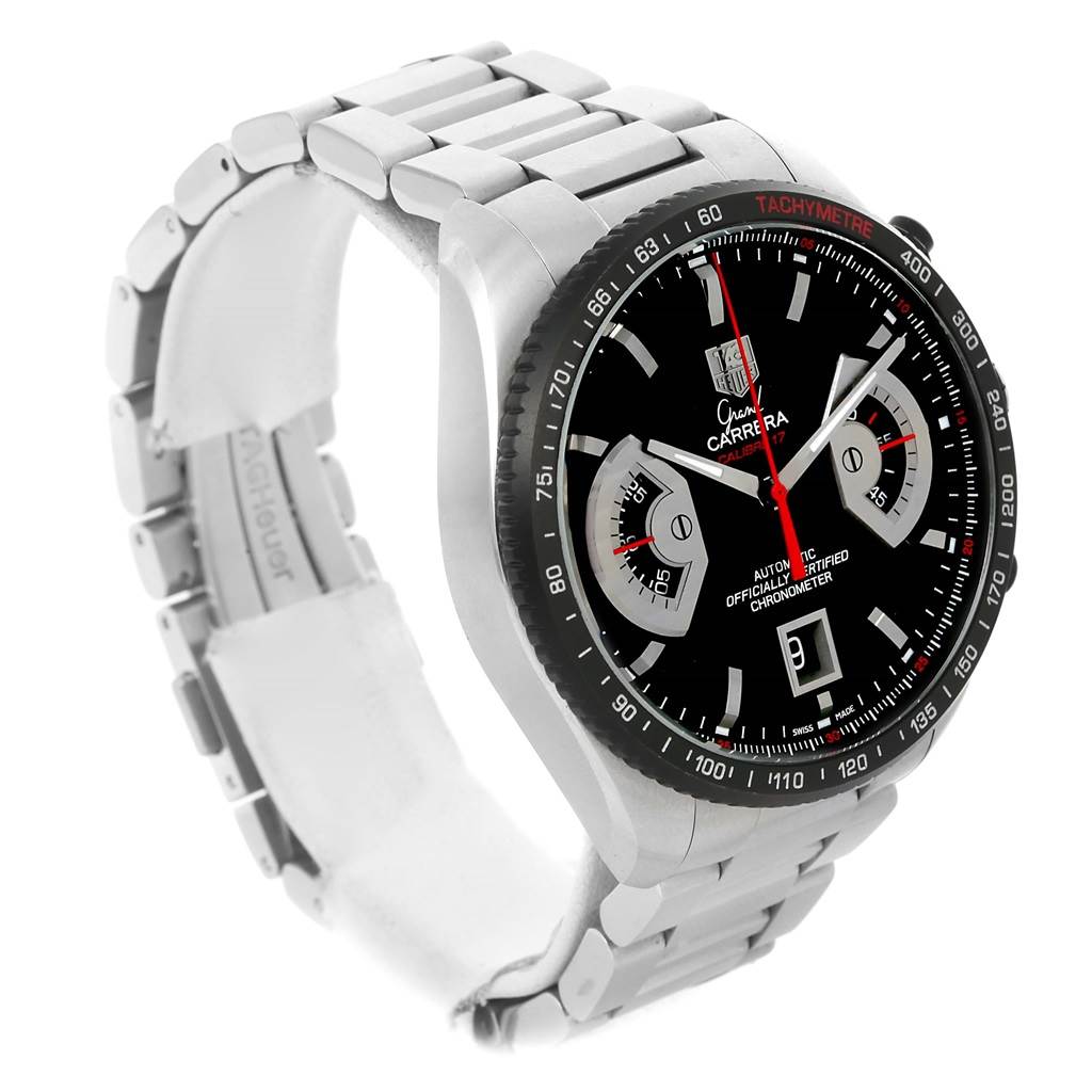 The image shows a Tag Heuer Carrera CAV511C Men's Titanium Black Dial CAV511C Men's Titanium Black Dial watch at an angled view, highlighting the face, bezel, and metal bracelet.